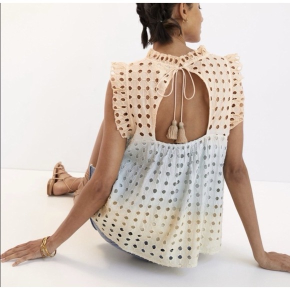 Anthropologie Tops - Anthropologie Ollari Ruffled Eyelet Tank Top XS Peach Blue Ombre Cotton Blouse